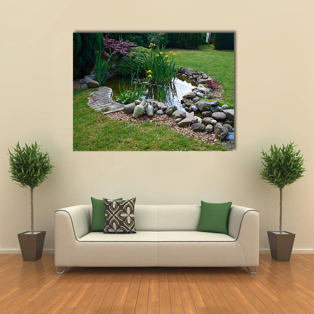 A Classical Garden Having The Background Of The Grass Gardening And Fish Pond, Multi Panel Canvas Wall Art