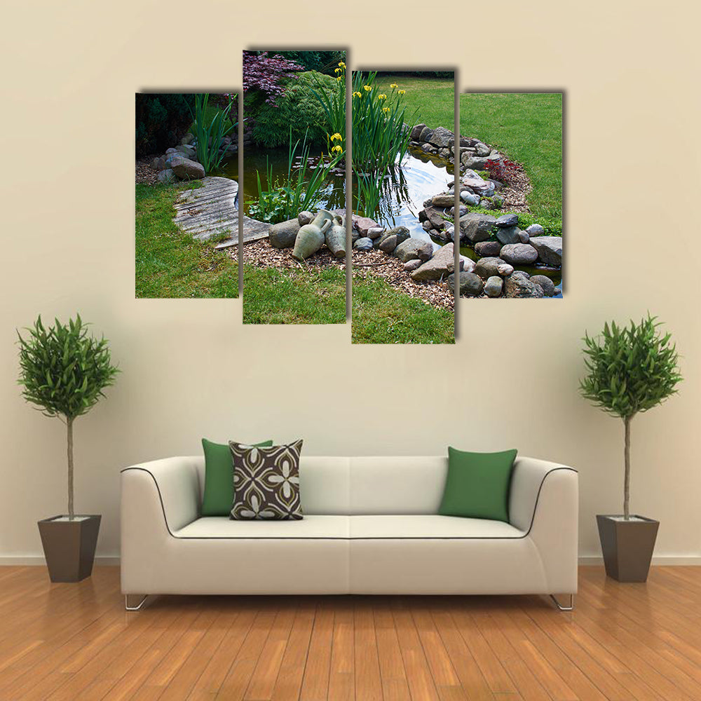 A Classical Garden Having The Background Of The Grass Gardening And Fish Pond, Multi Panel Canvas Wall Art