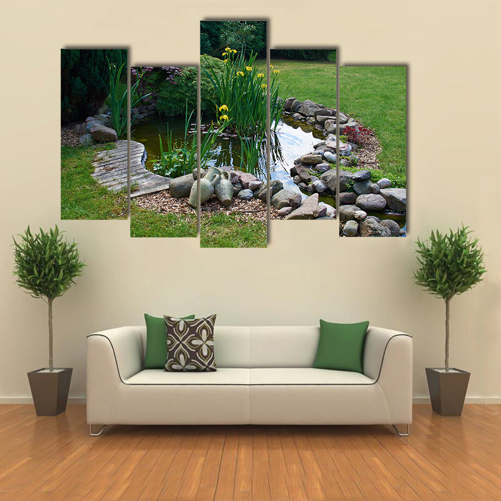 A Classical Garden Having The Background Of The Grass Gardening And Fish Pond, Multi Panel Canvas Wall Art