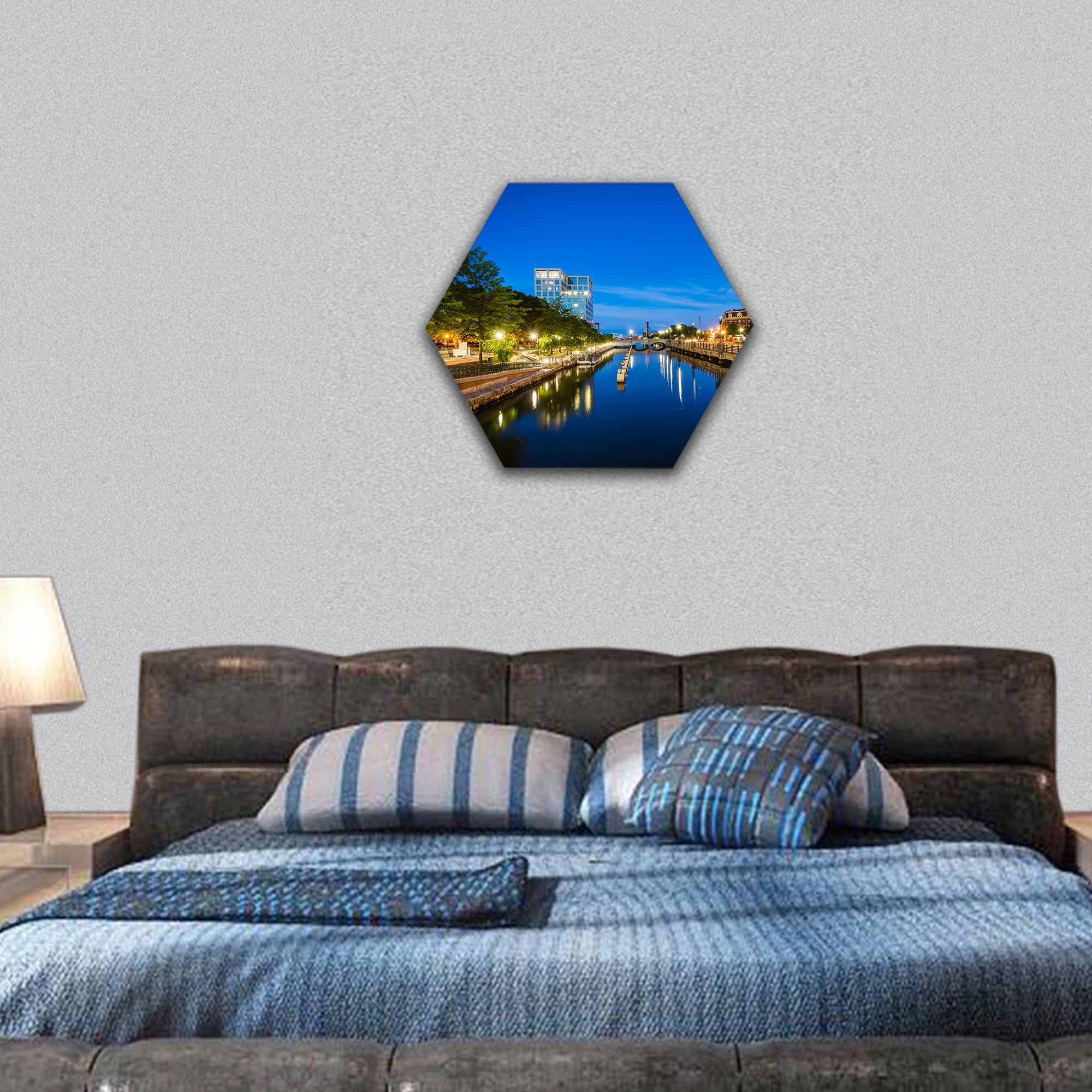River at night with Rhode Island hexagonal canvas wall art
