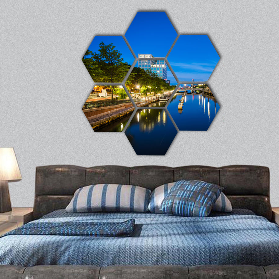 River at night with Rhode Island hexagonal canvas wall art