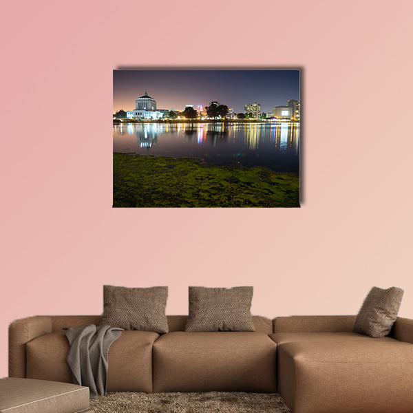 Smooth water of Lake Merritt in front of Oakland Multi panel canvas wall art