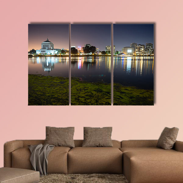Smooth water of Lake Merritt in front of Oakland Multi panel canvas wall art