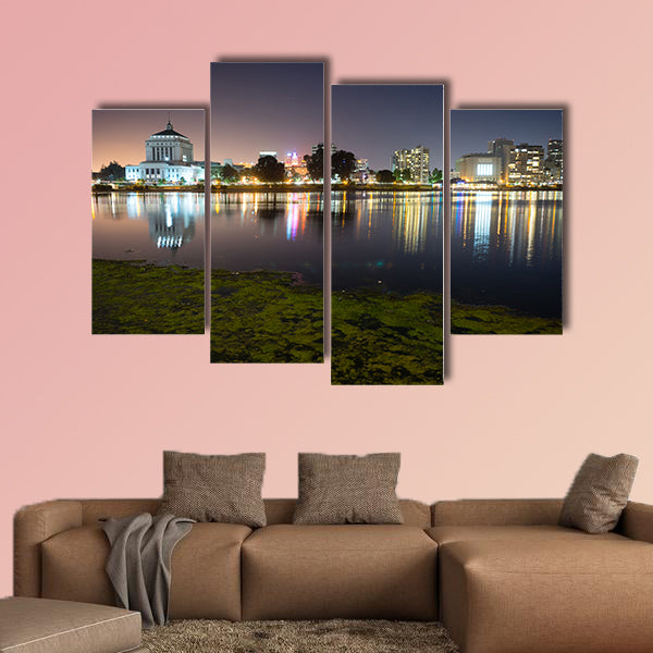 Smooth water of Lake Merritt in front of Oakland Multi panel canvas wall art