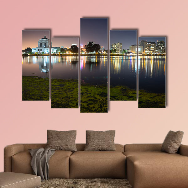 Smooth water of Lake Merritt in front of Oakland Multi panel canvas wall art