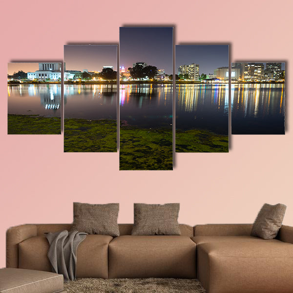 Smooth water of Lake Merritt in front of Oakland Multi panel canvas wall art