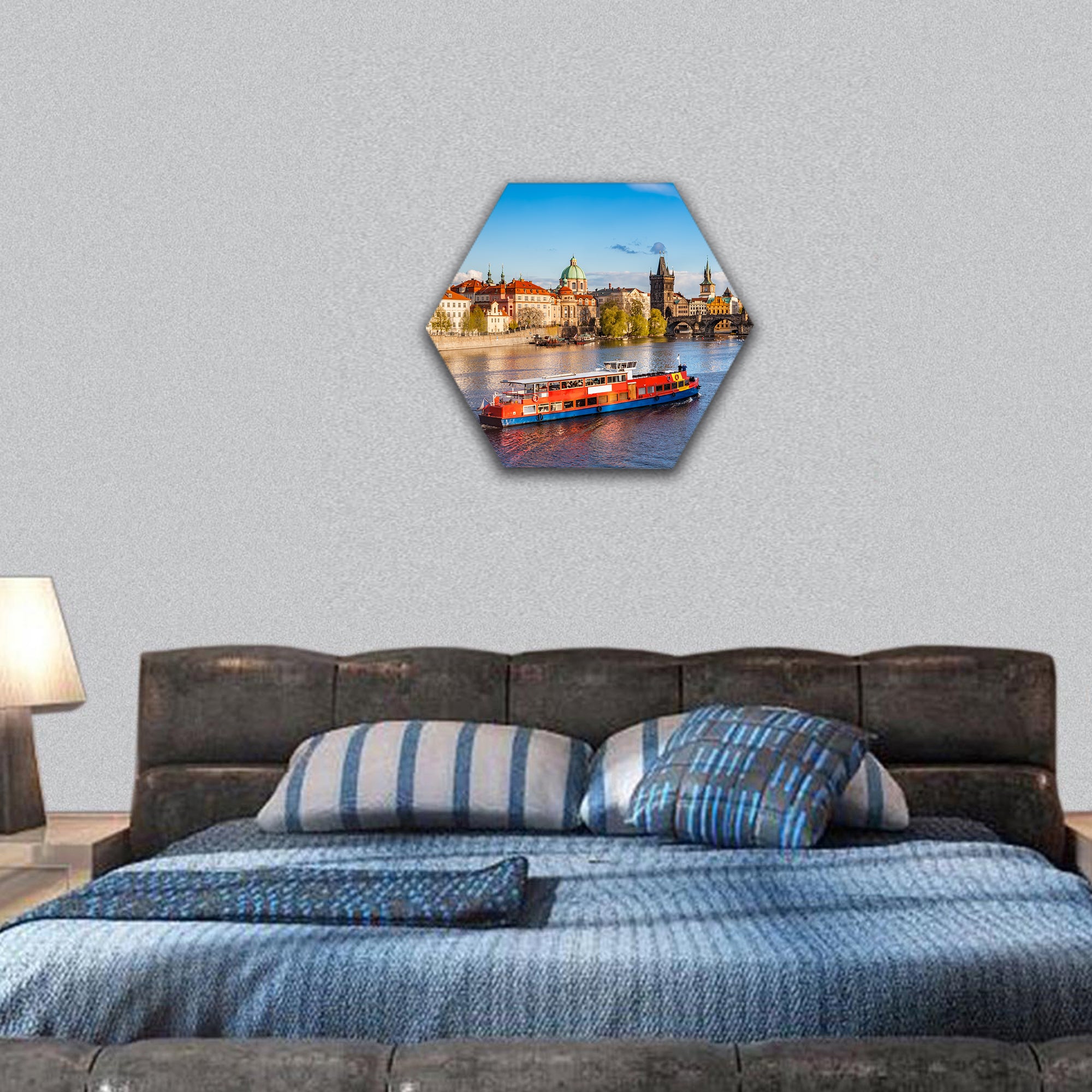 Prague, Czech skyline with Charles Bridge and Vltava river hexagonal canvas wall art