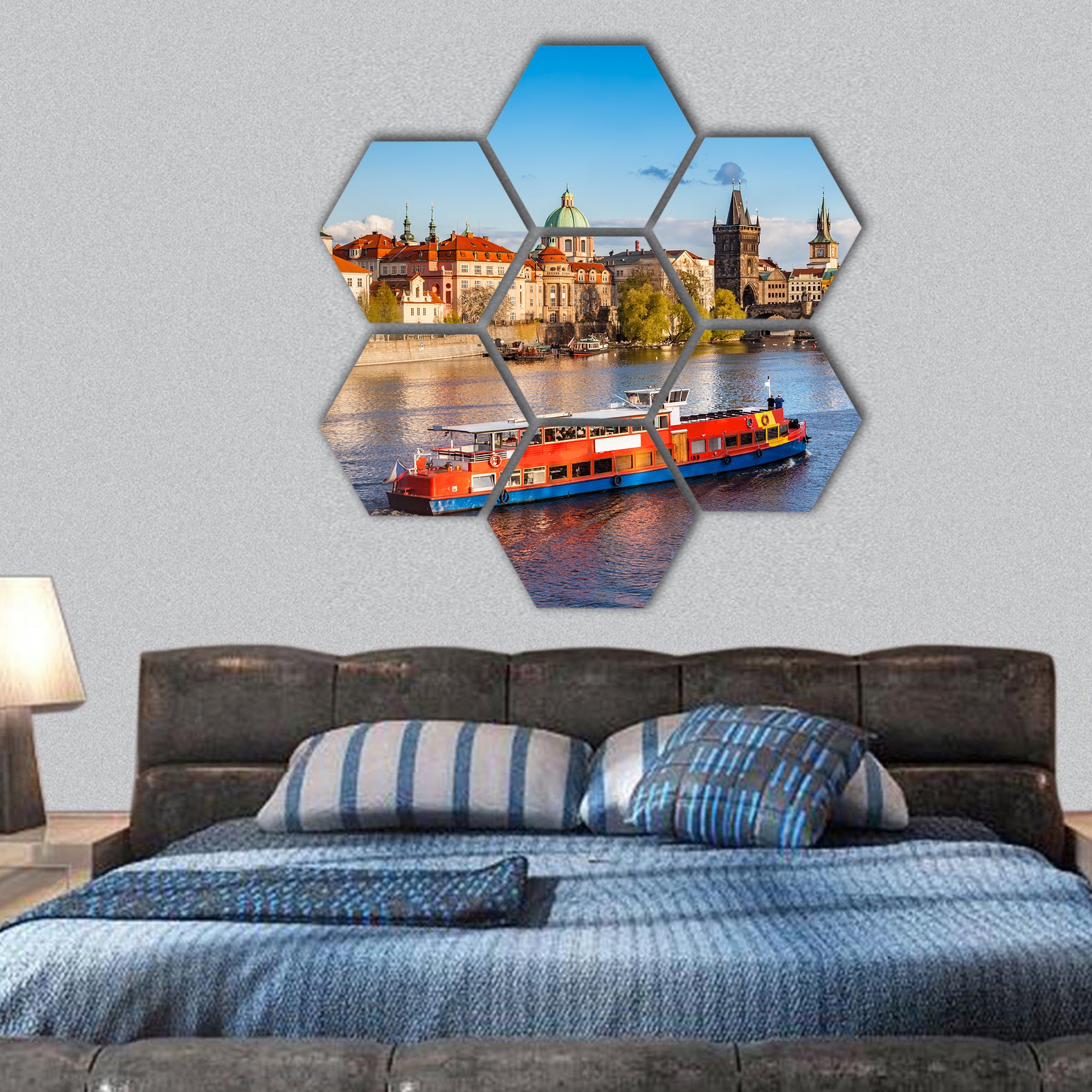 Prague, Czech skyline with Charles Bridge and Vltava river hexagonal canvas wall art