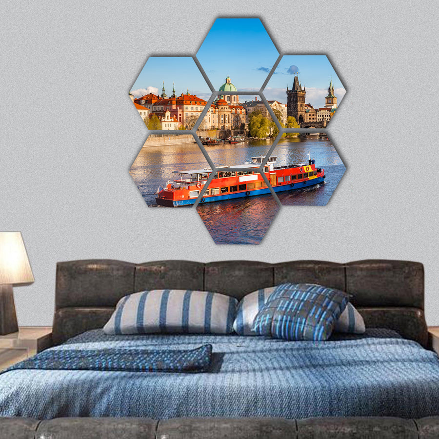 Prague, Czech skyline with Charles Bridge and Vltava river hexagonal canvas wall art