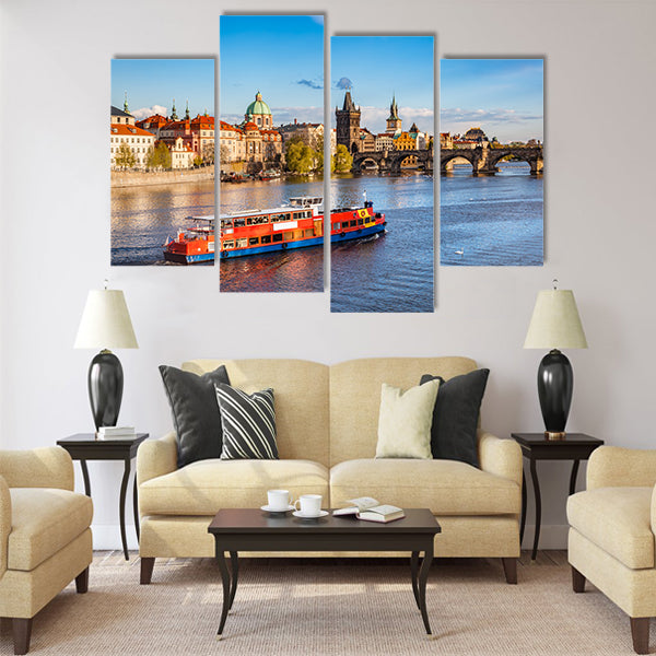 Prague, Czech Republic skyline with historic Charles Bridge Multi Panel Canvas Wall Art