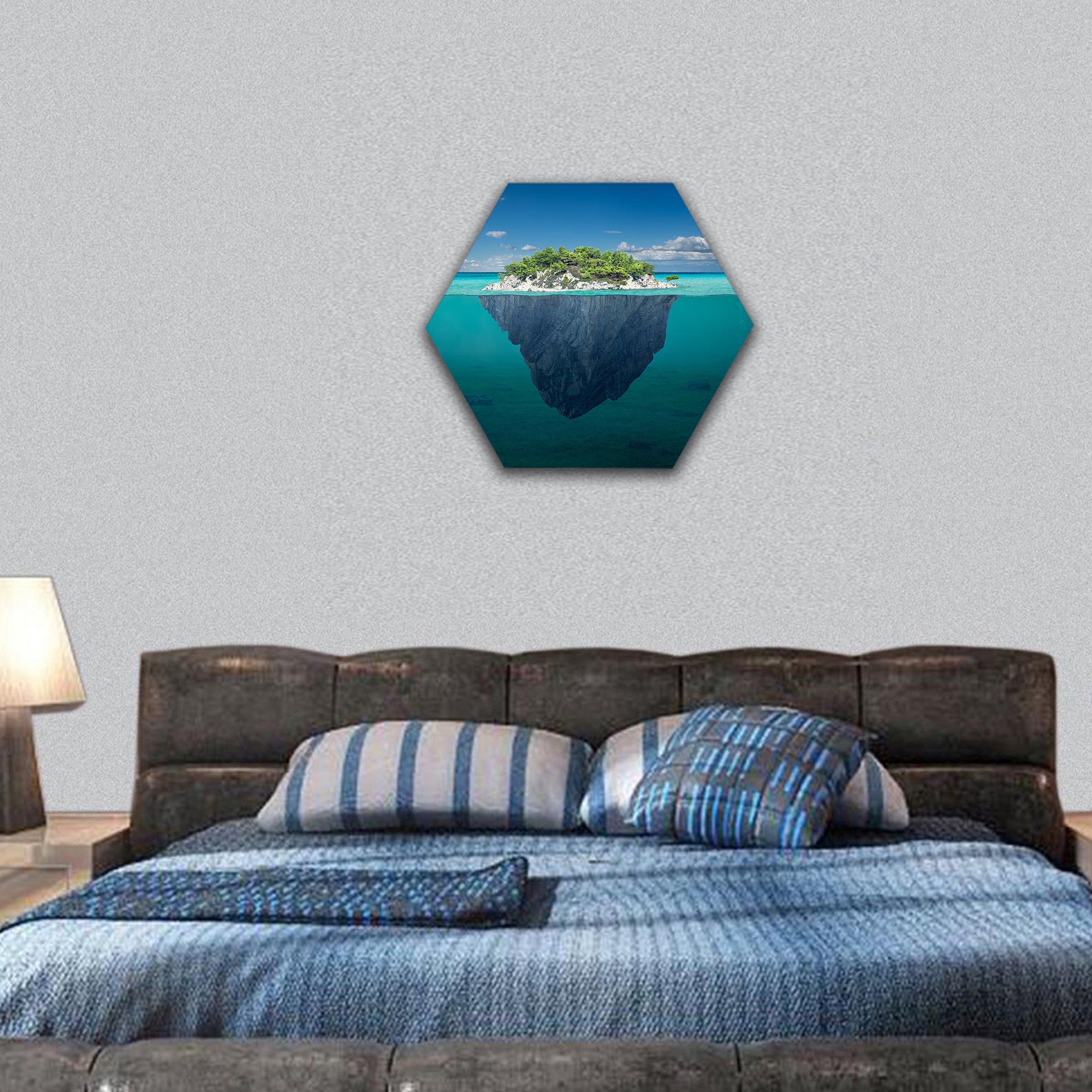 Idyllic underwater view of lone small island hexagonal canvas wall art