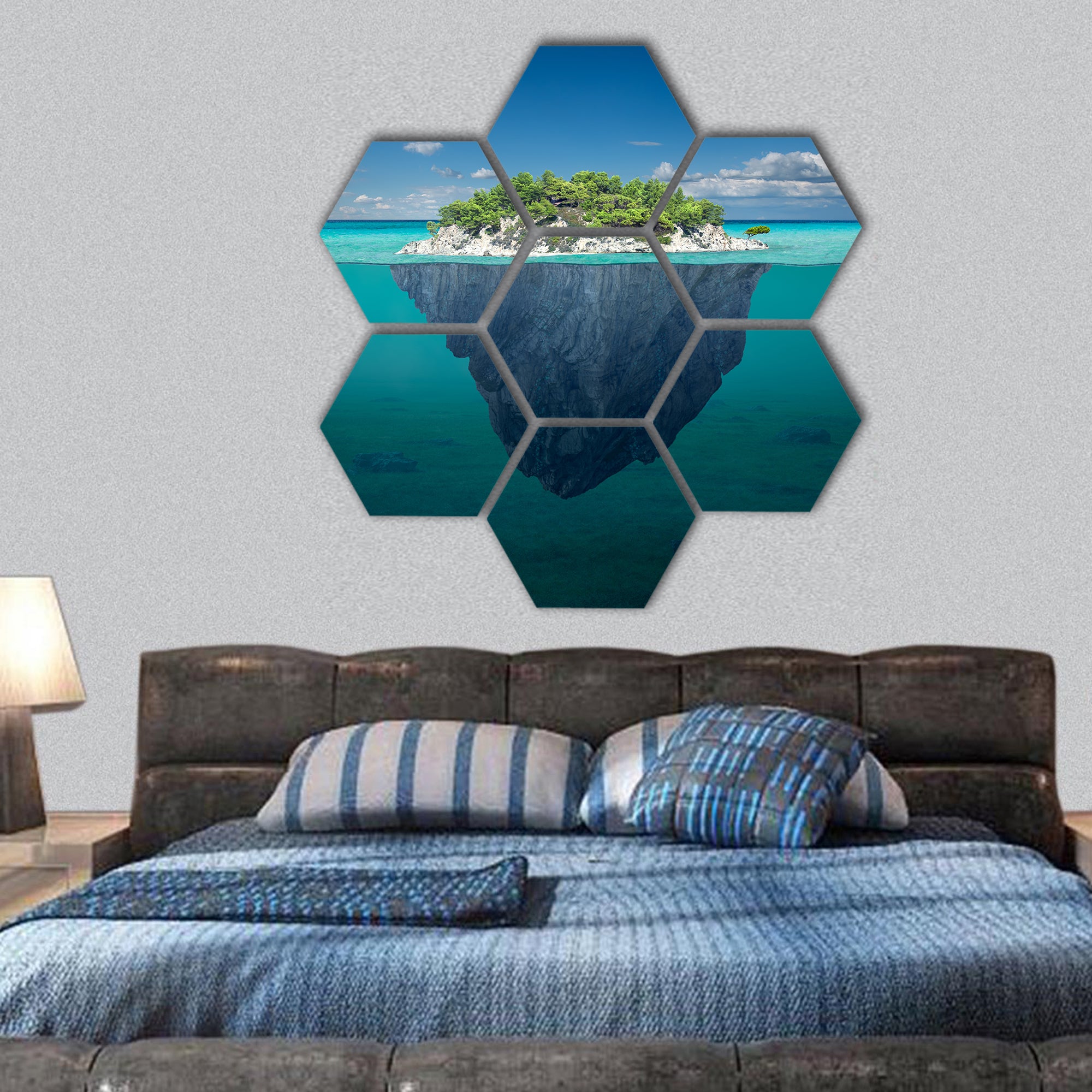Idyllic underwater view of lone small island hexagonal canvas wall art