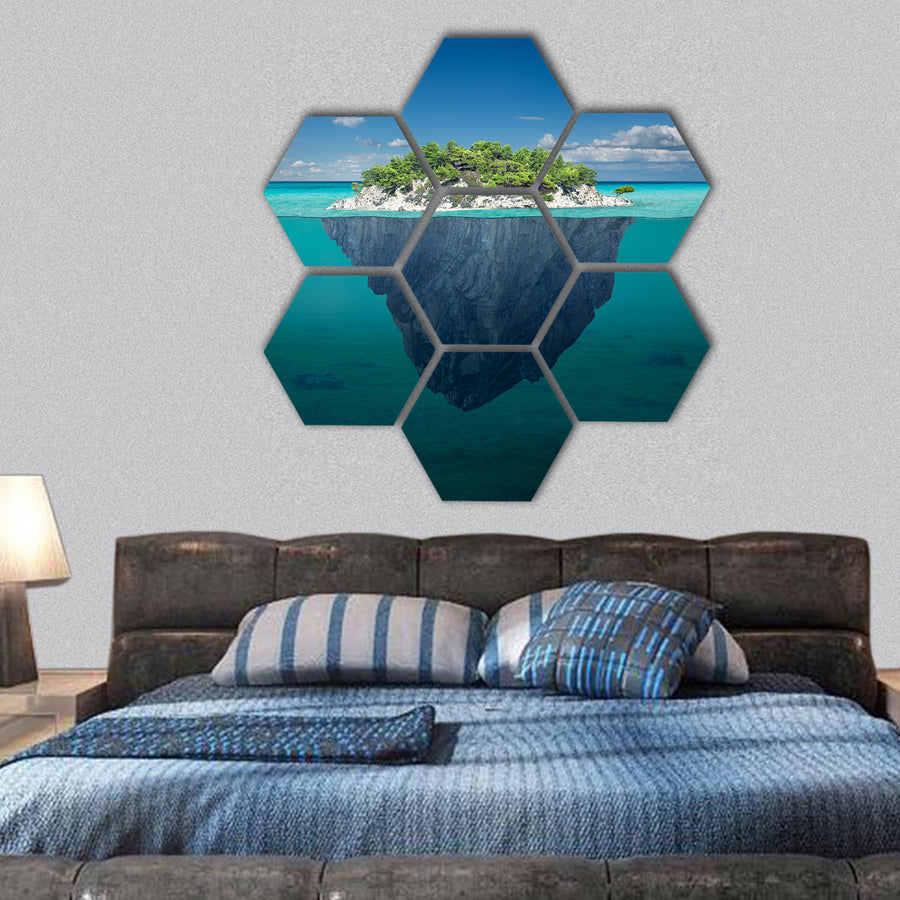 Idyllic underwater view of lone small island hexagonal canvas wall art