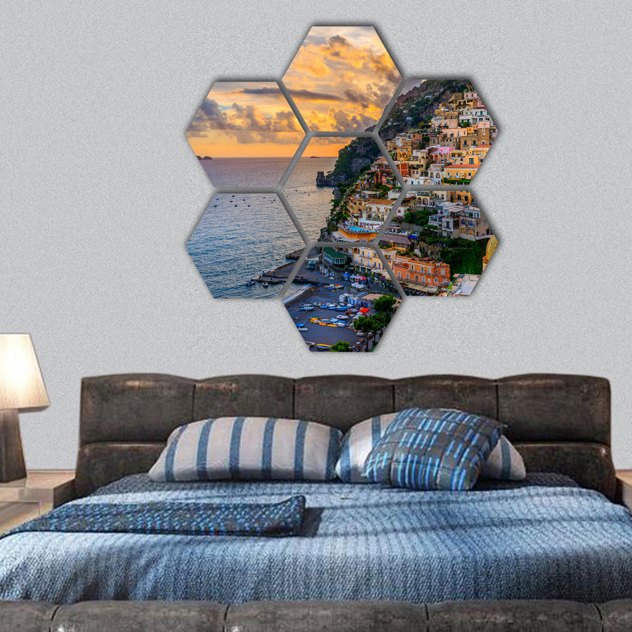 Sunset over Positano near Sorrento at Amalfi Coast in Italy hexagonal canvas wall art