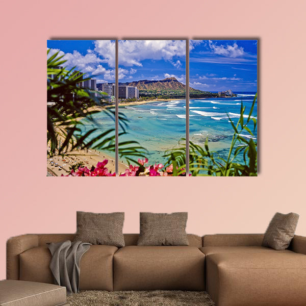 Waikiki beach and diamond head Multi panel canvas wall art