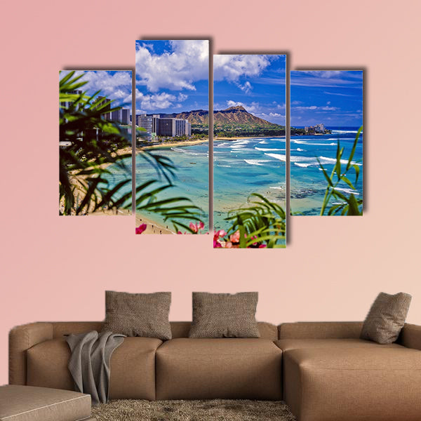 Waikiki beach and diamond head Multi panel canvas wall art