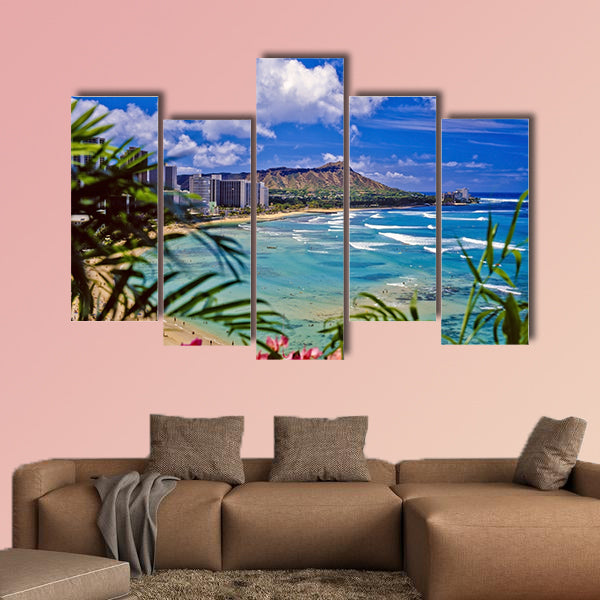 Waikiki beach and diamond head Multi panel canvas wall art