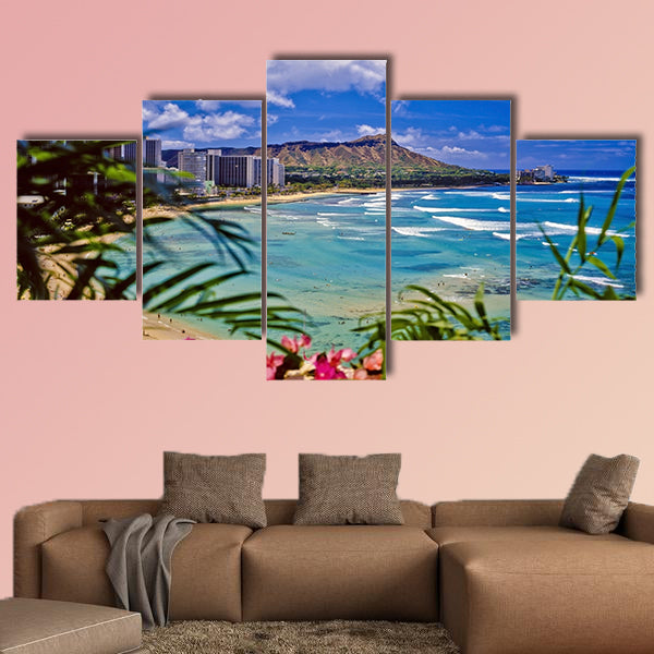 Waikiki beach and diamond head Multi panel canvas wall art