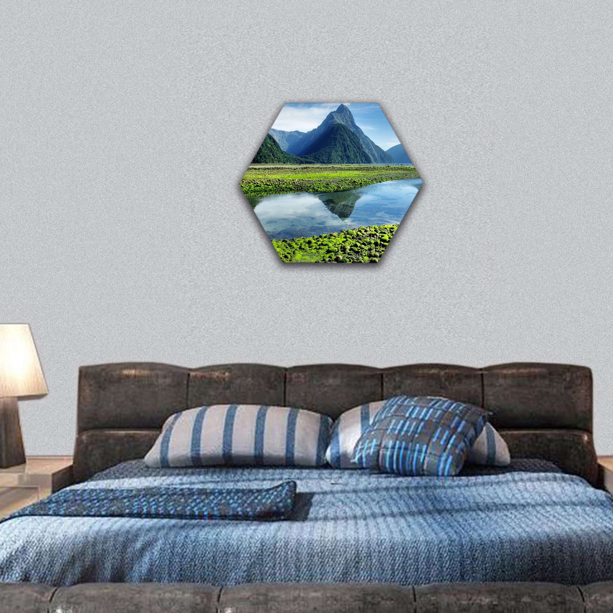 Mitre Peak, New Zealand at low tide hexagonal canvas wall art