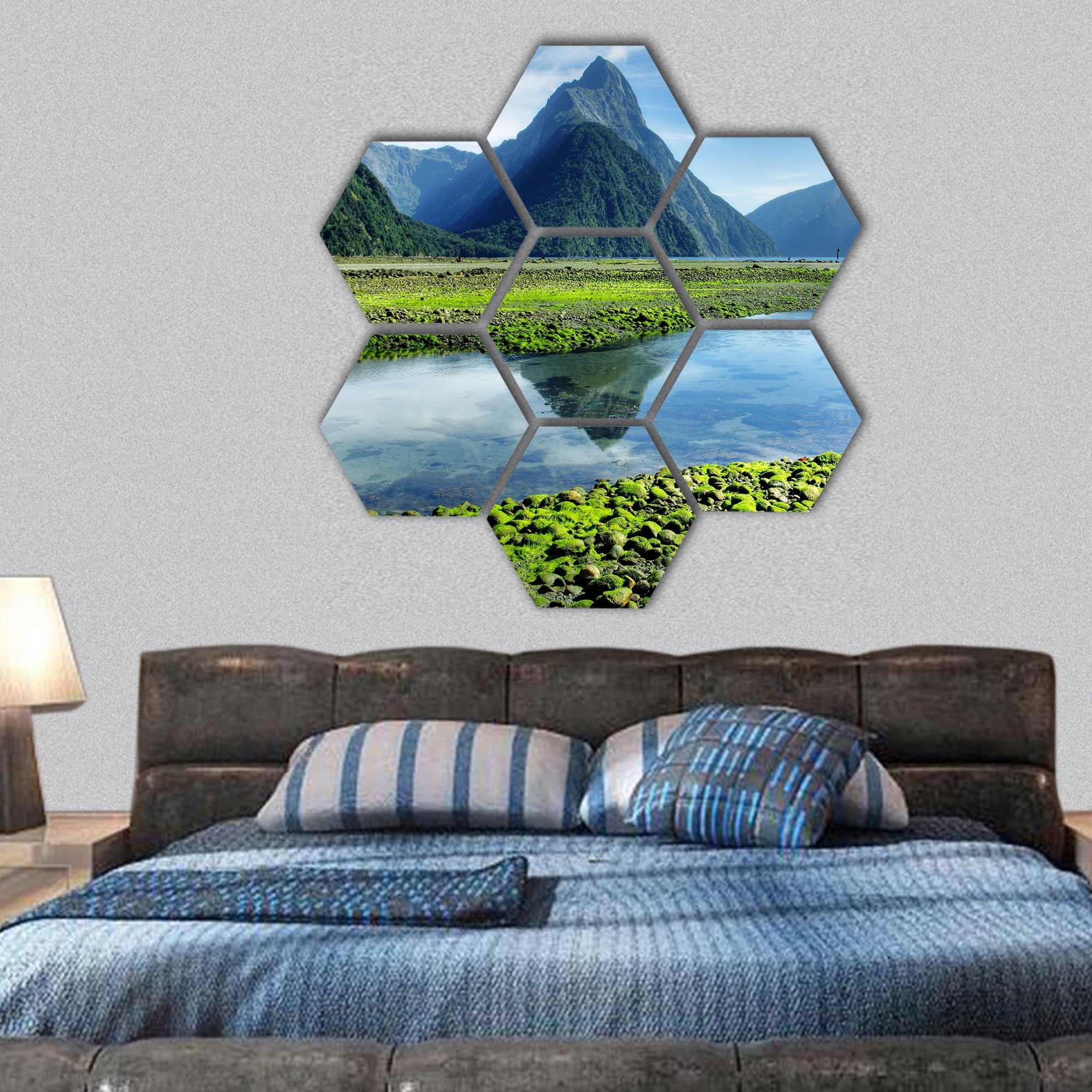 Mitre Peak, New Zealand at low tide hexagonal canvas wall art