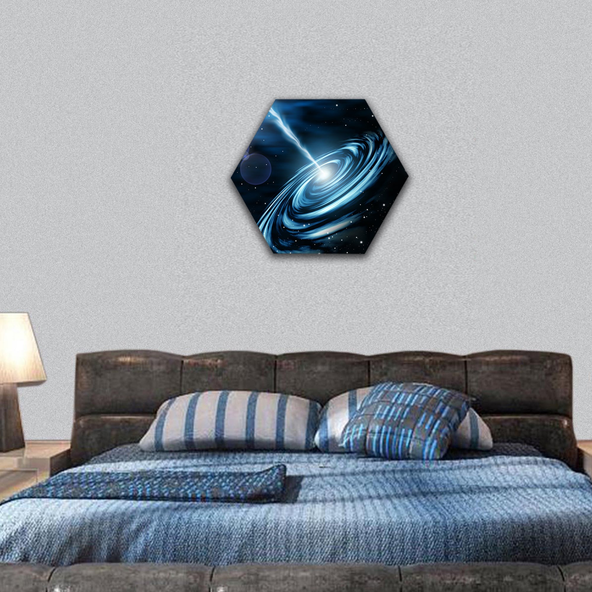 Blue galaxy with star dust hexagonal canvas wall art