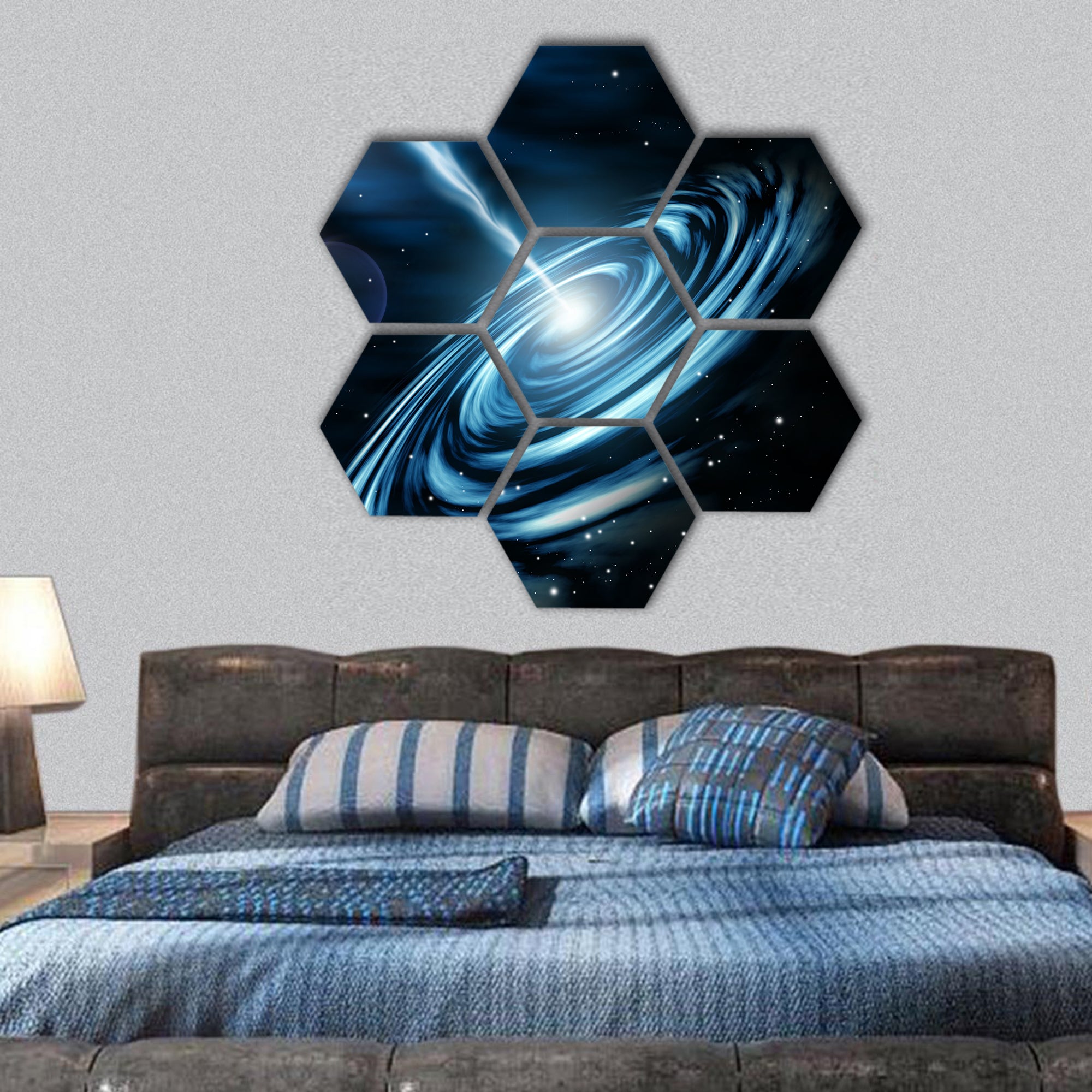 Blue galaxy with star dust hexagonal canvas wall art