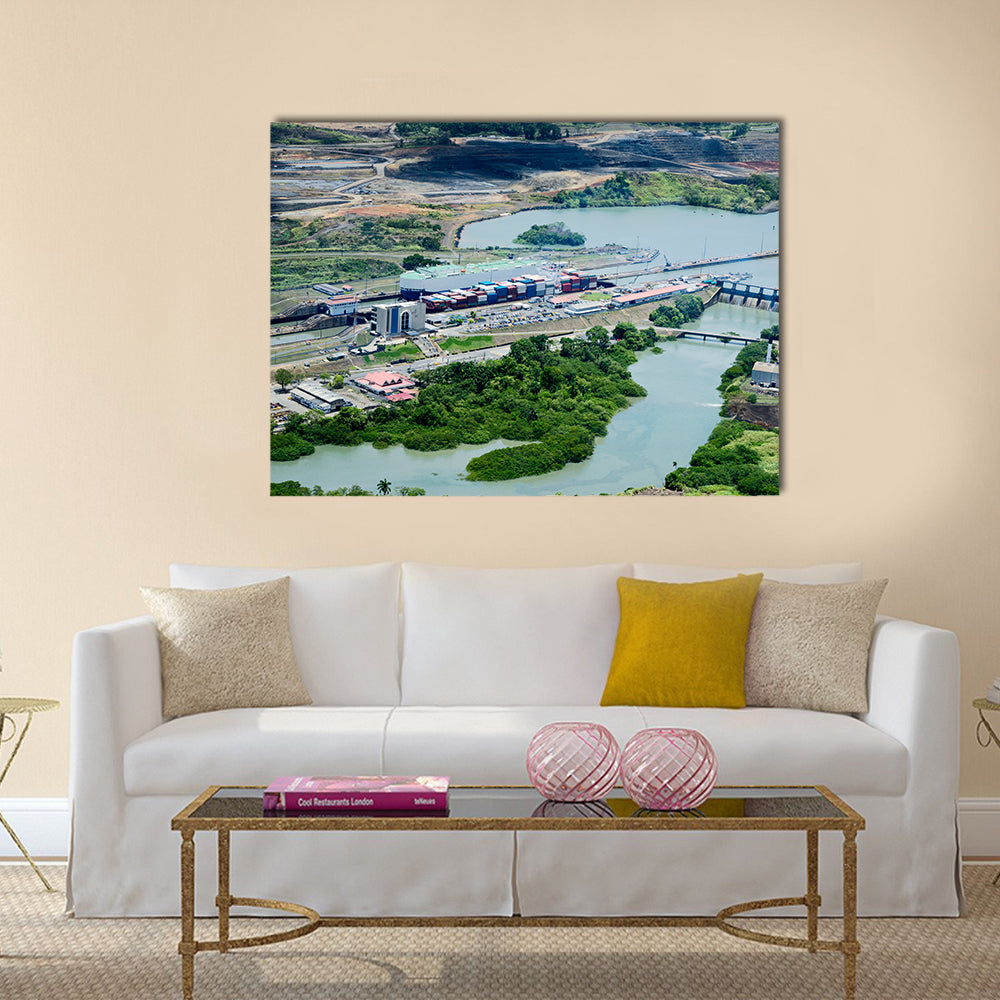 Cargo ships passing through Miraflores Locks at Panama Canal Multi panel canvas wall art