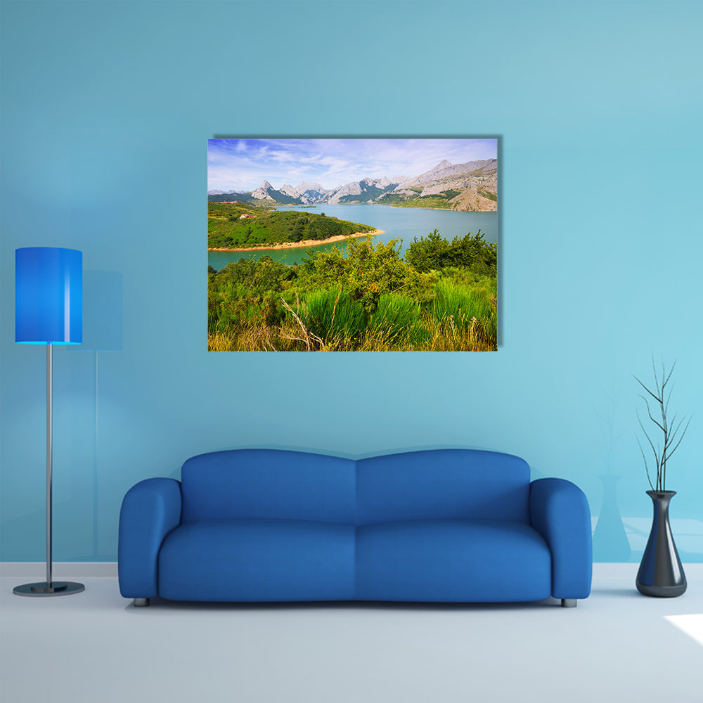 Summer Mountains landscape with lake, Riano reservoir in Leon, Spain multi panel canvas wall art