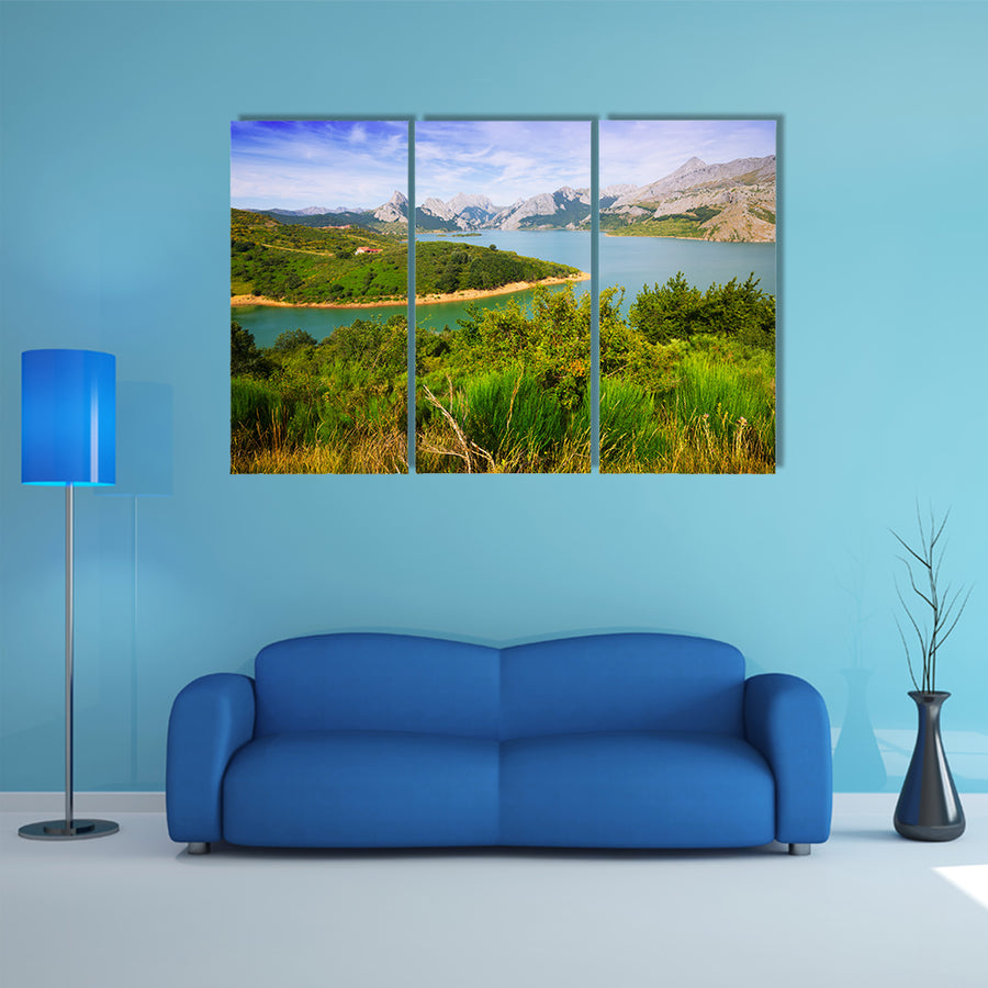Summer Mountains landscape with lake, Riano reservoir in Leon, Spain multi panel canvas wall art