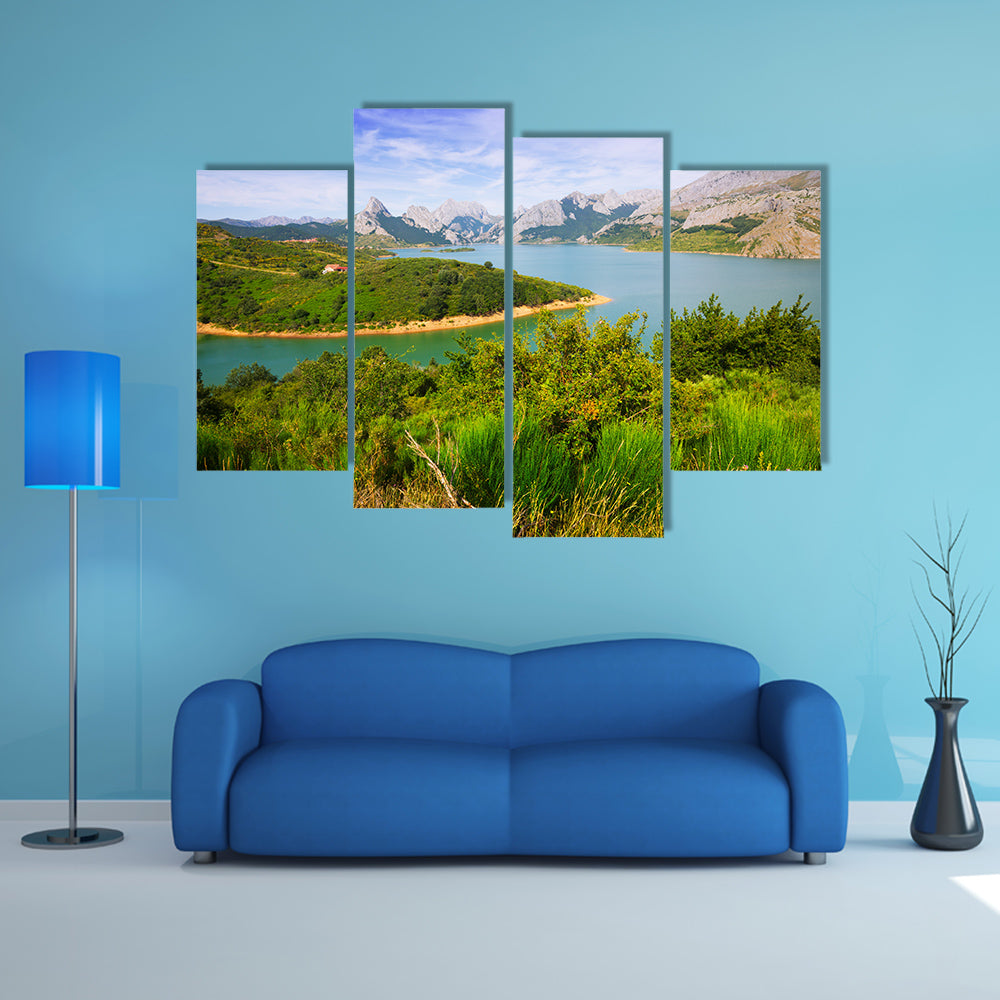Summer Mountains landscape with lake, Riano reservoir in Leon, Spain multi panel canvas wall art