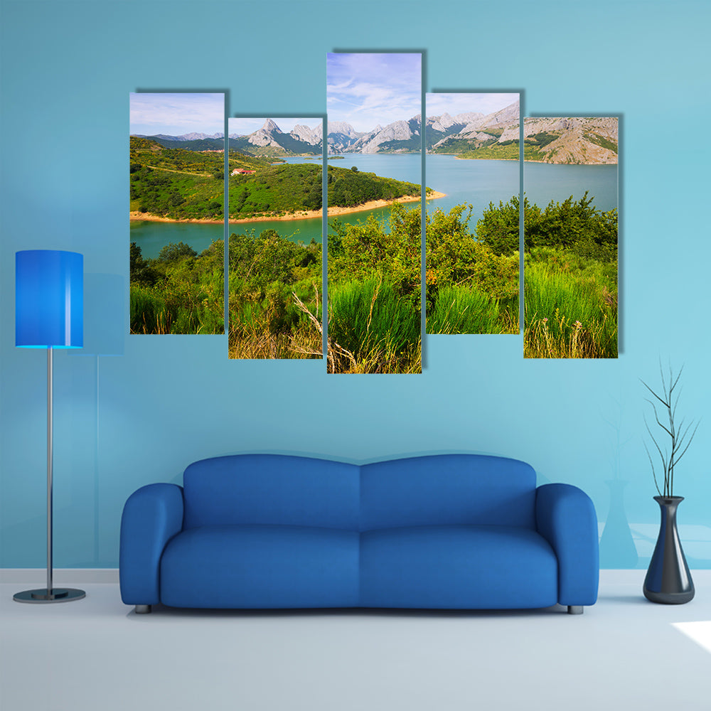 Summer Mountains landscape with lake, Riano reservoir in Leon, Spain multi panel canvas wall art