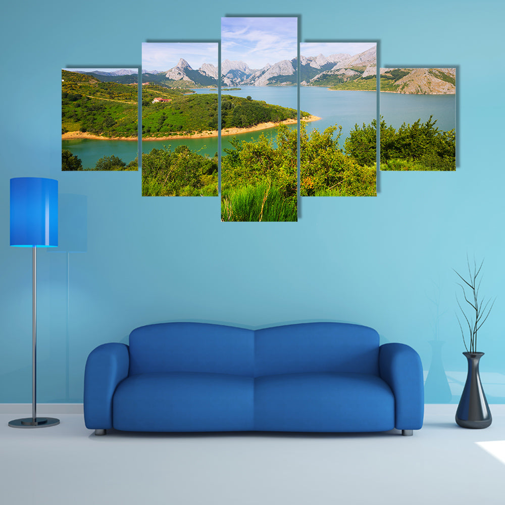 Summer Mountains landscape with lake, Riano reservoir in Leon, Spain multi panel canvas wall art