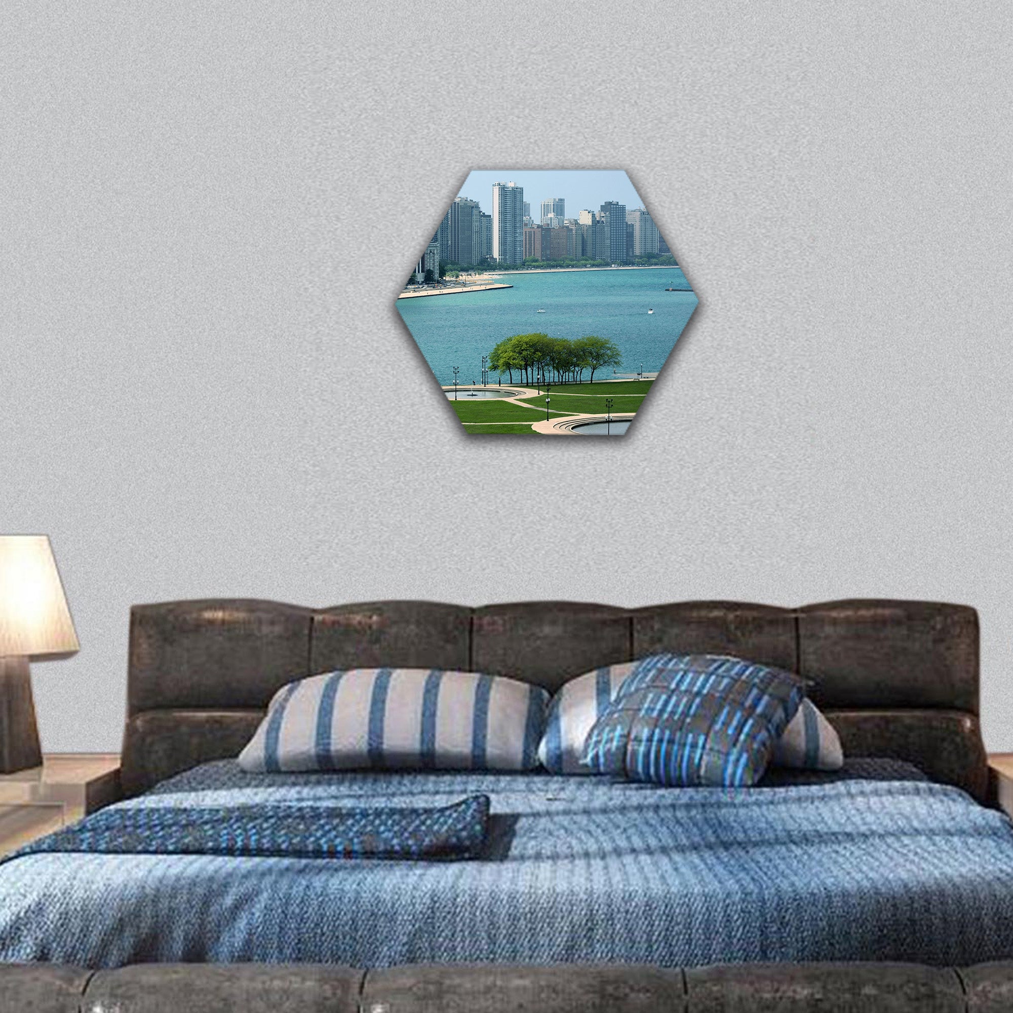 Chicago cityscape and Michigan lake in summertime hexagonal canvas wall art