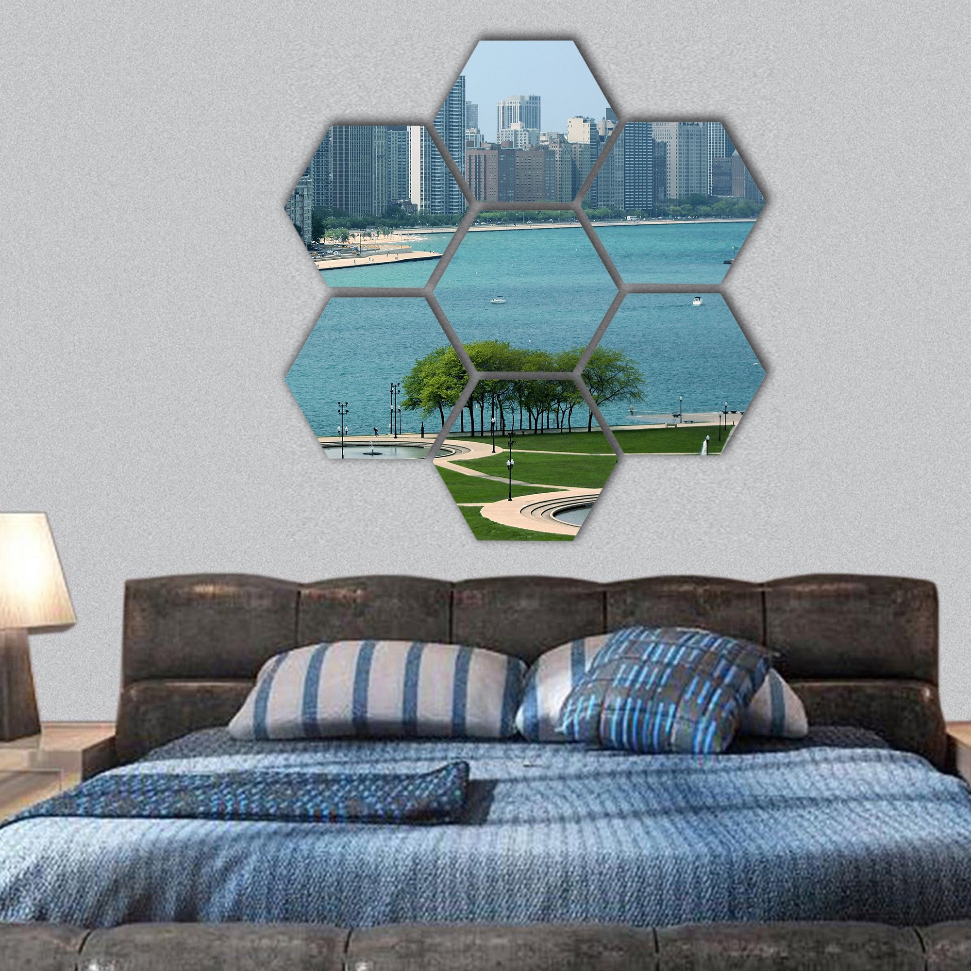 Chicago cityscape and Michigan lake in summertime hexagonal canvas wall art