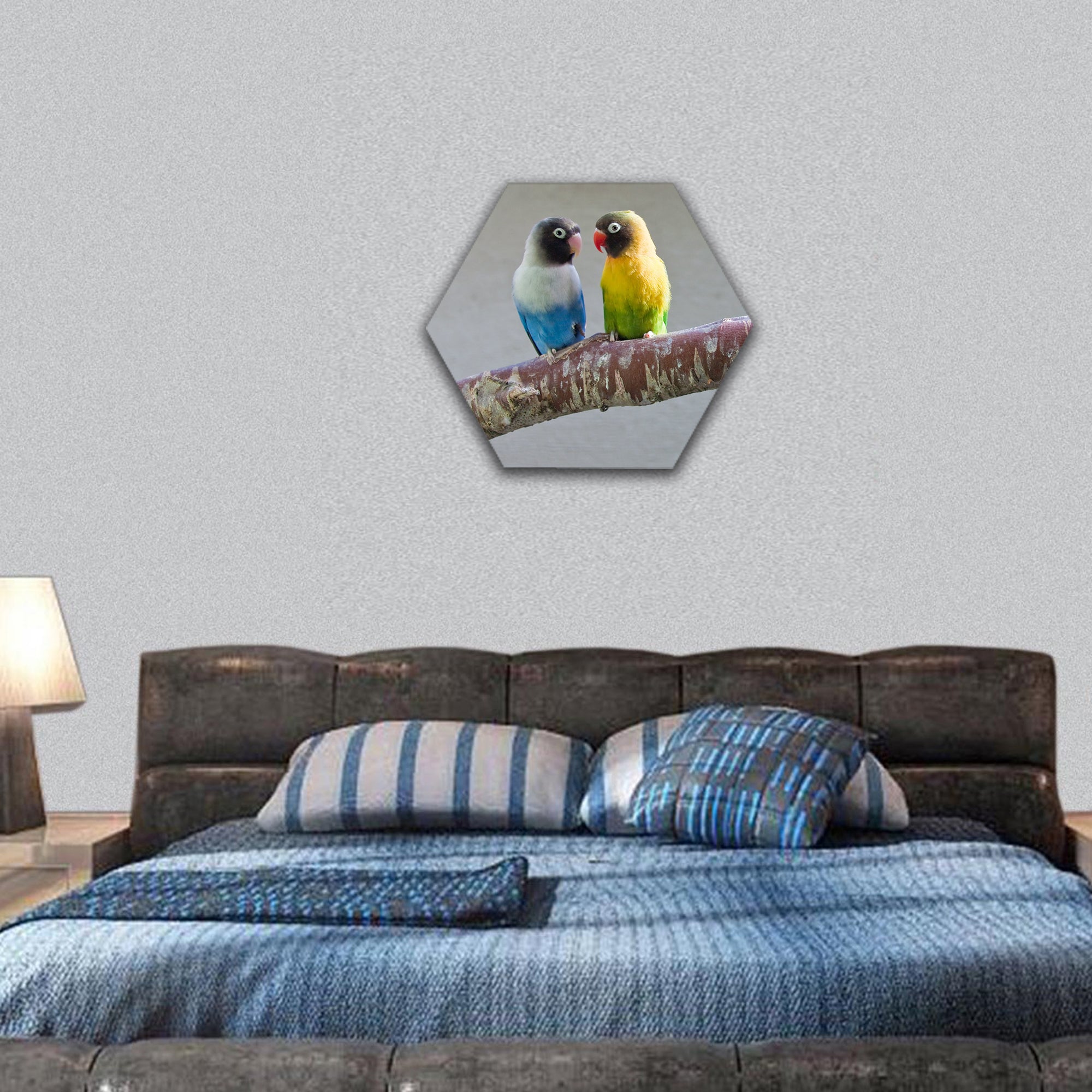 Masked Lovebirds sitting on tree branch hexagonal canvas wall art