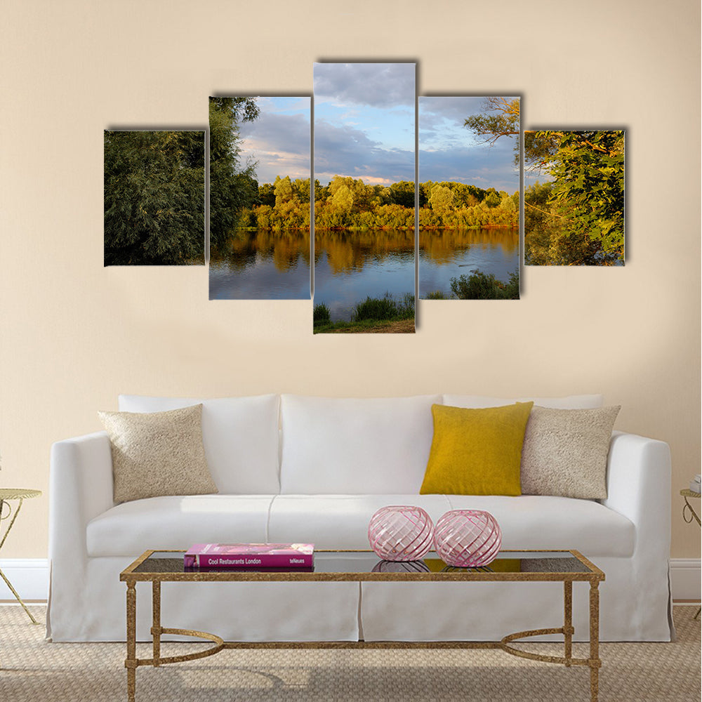 scenery in nature of river with trees around in Belarus Multi panel canvas wall art