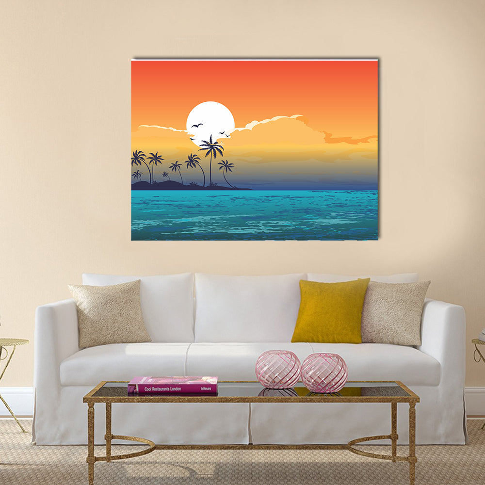 Tropical Summer Holiday Background illustration, sunshine, beach, palm tree and seaside multi panel canvas wall art