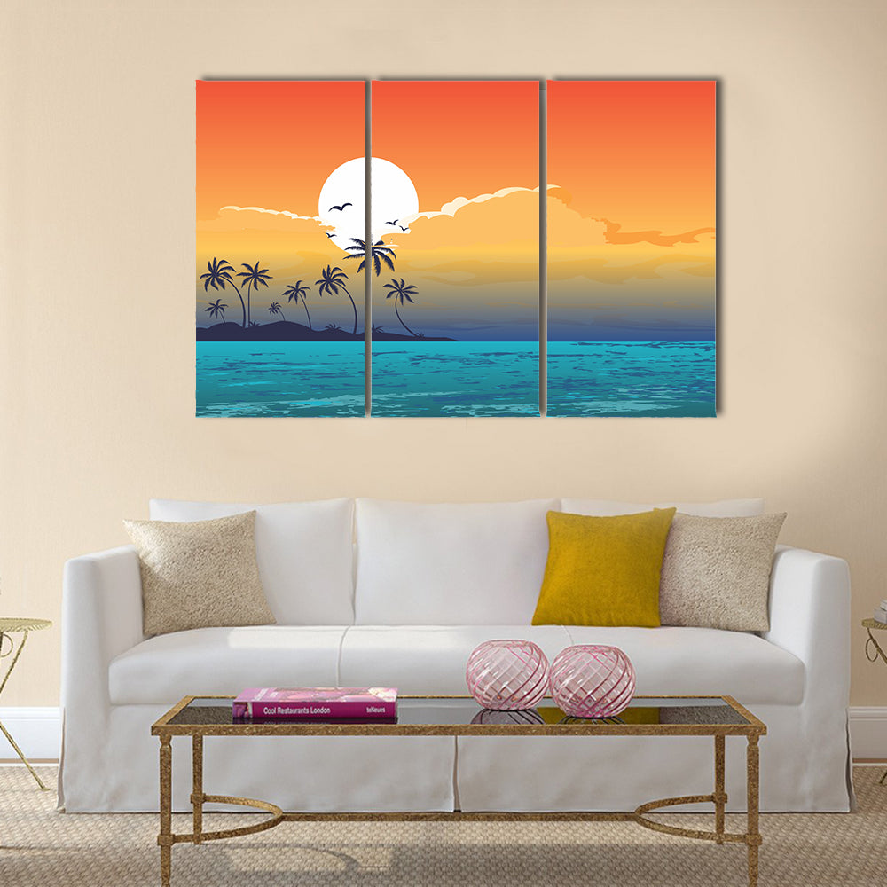 Tropical Summer Holiday Background illustration, sunshine, beach, palm tree and seaside multi panel canvas wall art