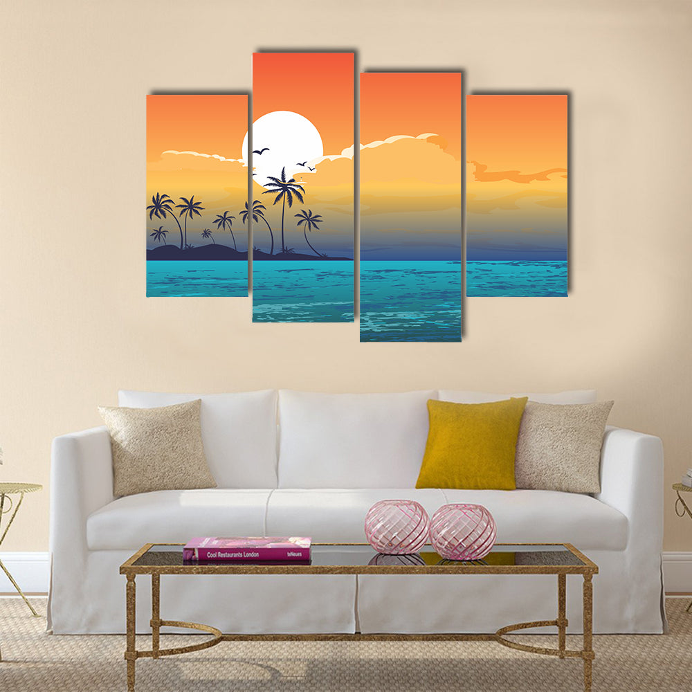 Tropical Summer Holiday Background illustration, sunshine, beach, palm tree and seaside multi panel canvas wall art