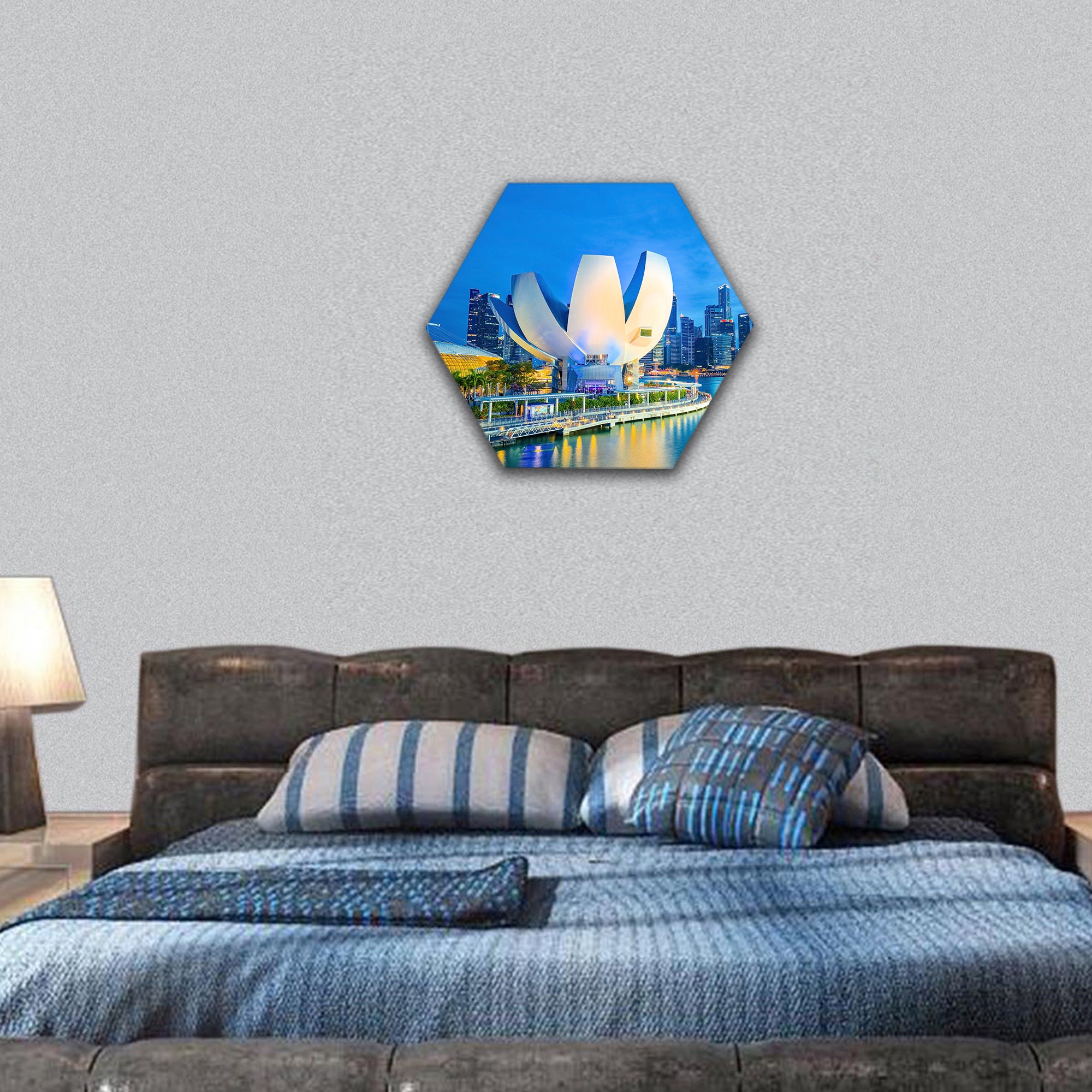 Marina Bay with the Science museum in Singapore city hexagonal canvas wall art