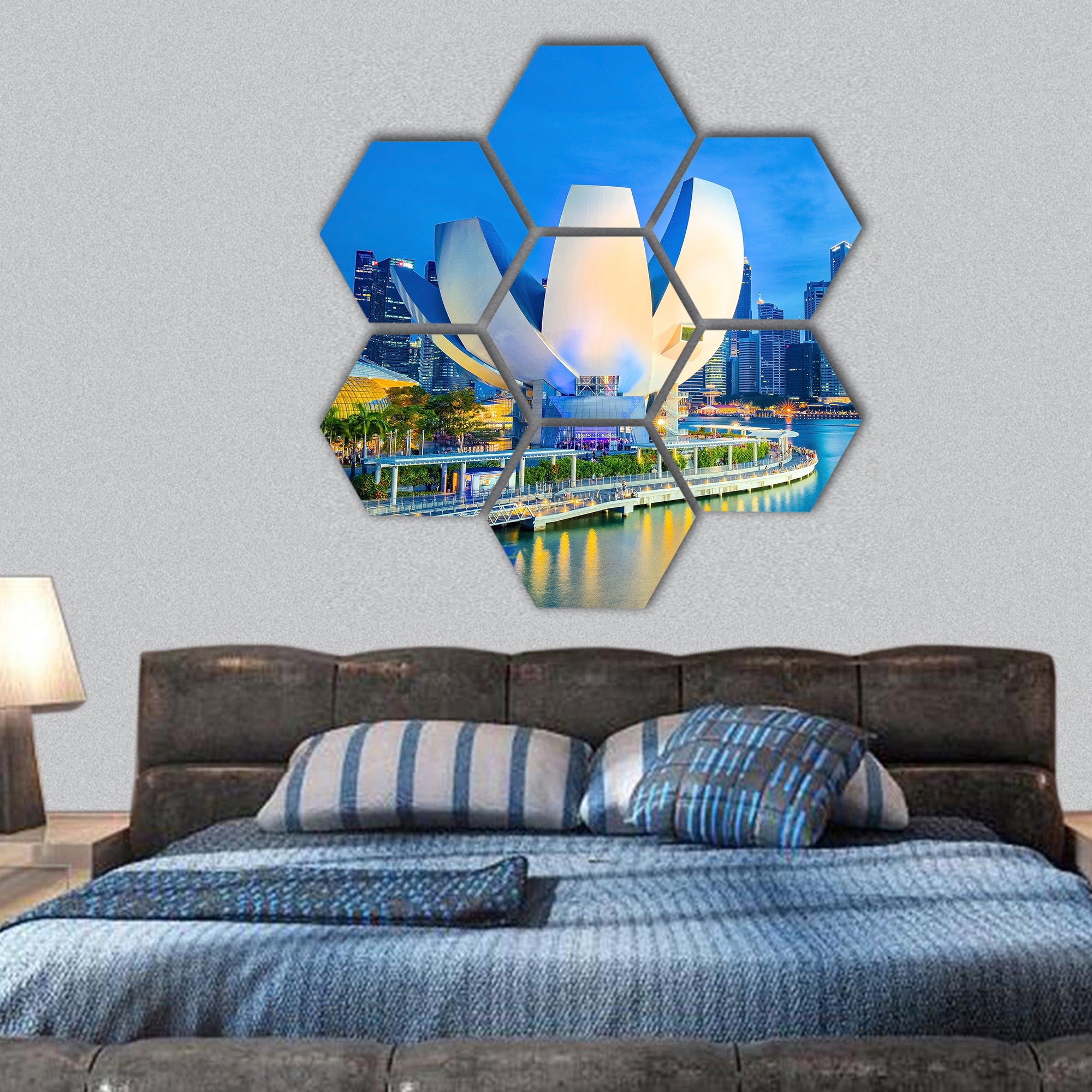 Marina Bay with the Science museum in Singapore city hexagonal canvas wall art