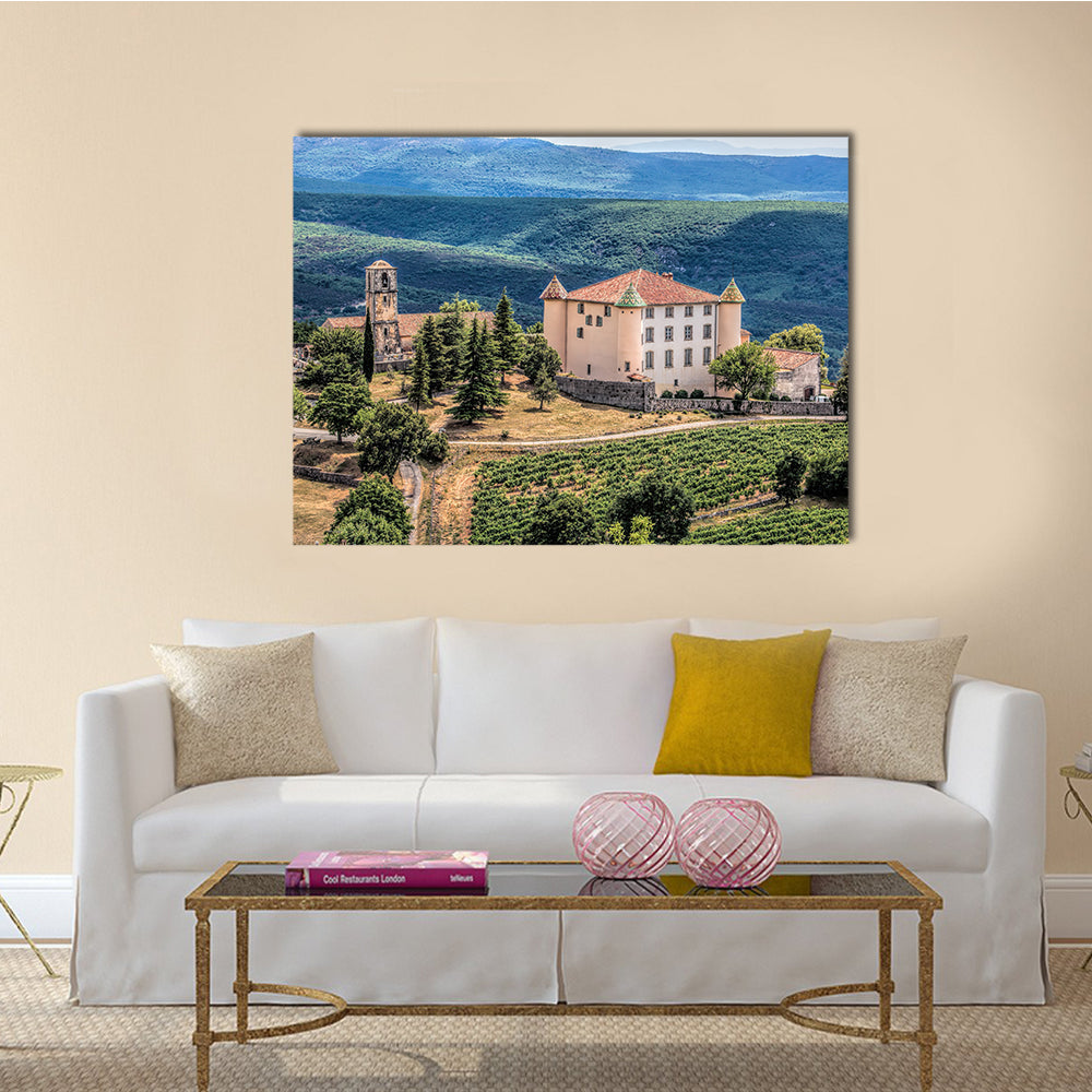 Aiguines Village and Renaissance-style Chateau mountains in Provence, France multi panel canvas wall art