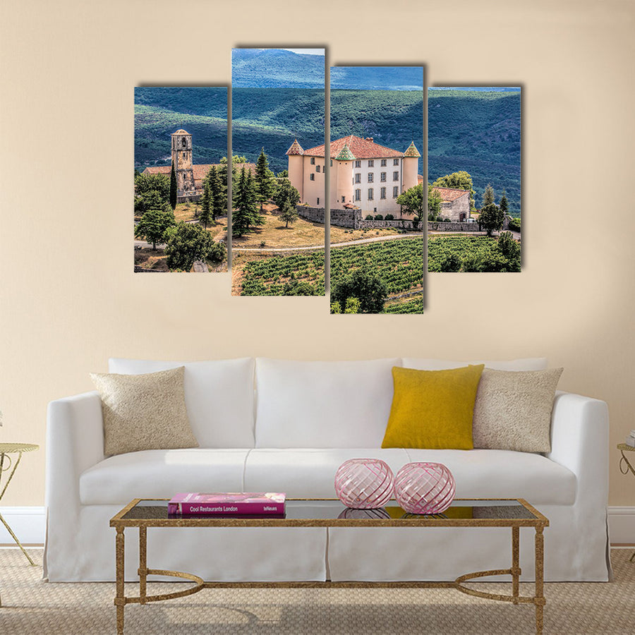 Aiguines Village and Renaissance-style Chateau mountains in Provence, France multi panel canvas wall art