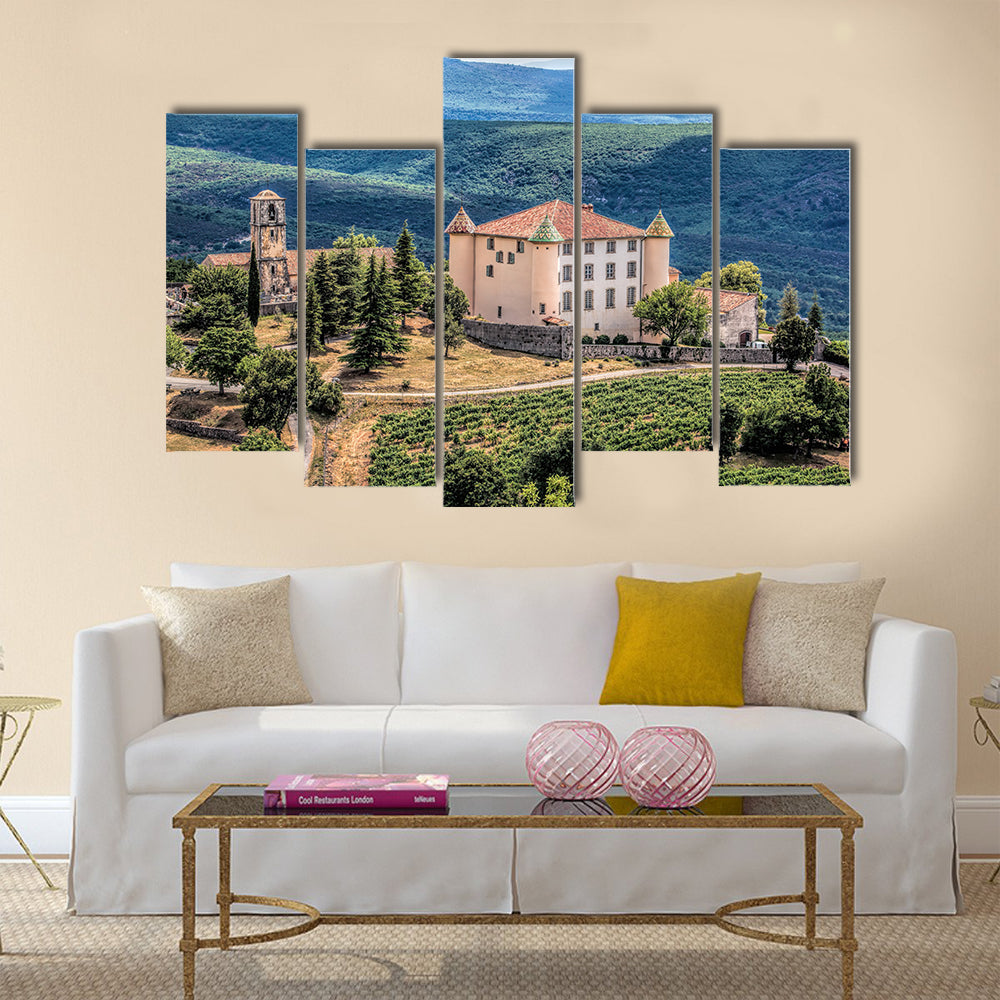 Aiguines Village and Renaissance-style Chateau mountains in Provence, France multi panel canvas wall art