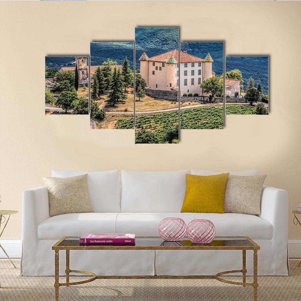 Aiguines Village and Renaissance-style Chateau mountains in Provence, France multi panel canvas wall art