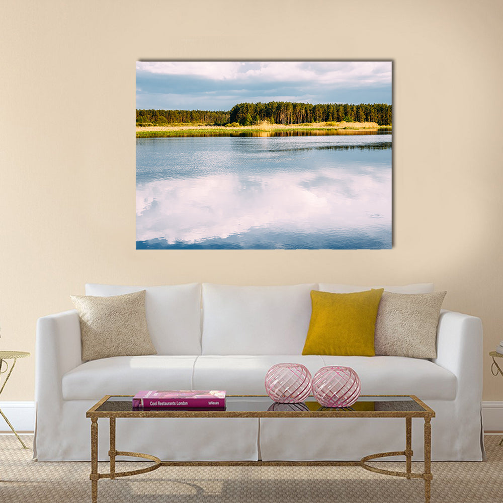 River Landscape With Reflections Of Clouds In Water Multi panel canvas wall art