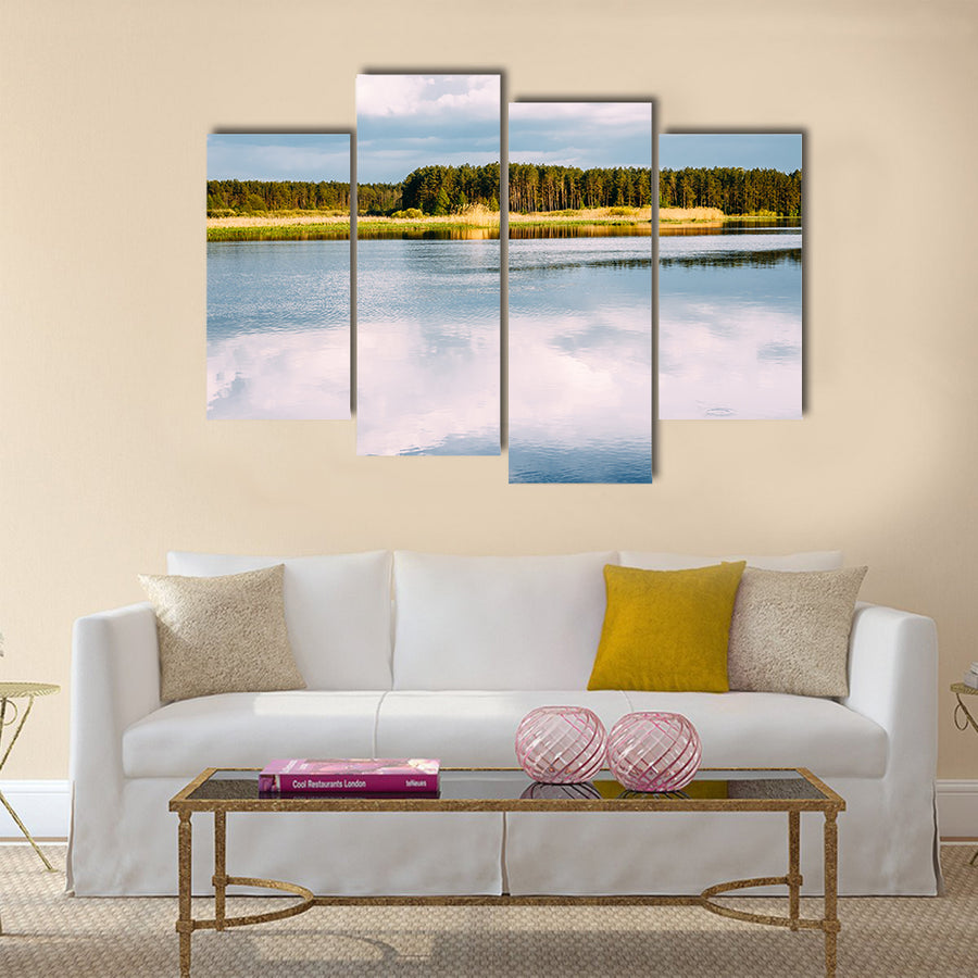 River Landscape With Reflections Of Clouds In Water Multi panel canvas wall art
