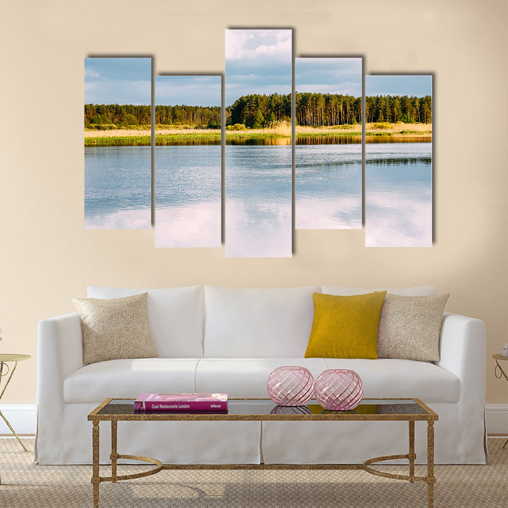River Landscape With Reflections Of Clouds In Water Multi panel canvas wall art