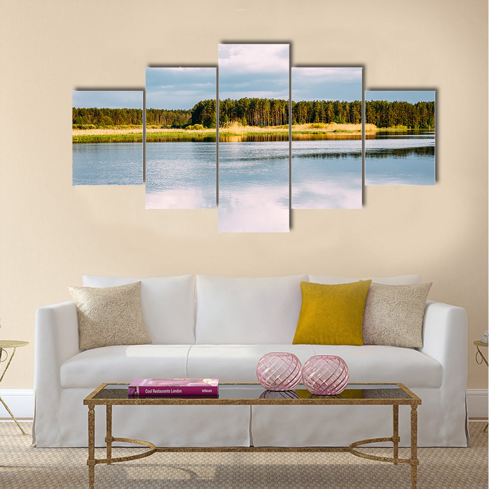 River Landscape With Reflections Of Clouds In Water Multi panel canvas wall art