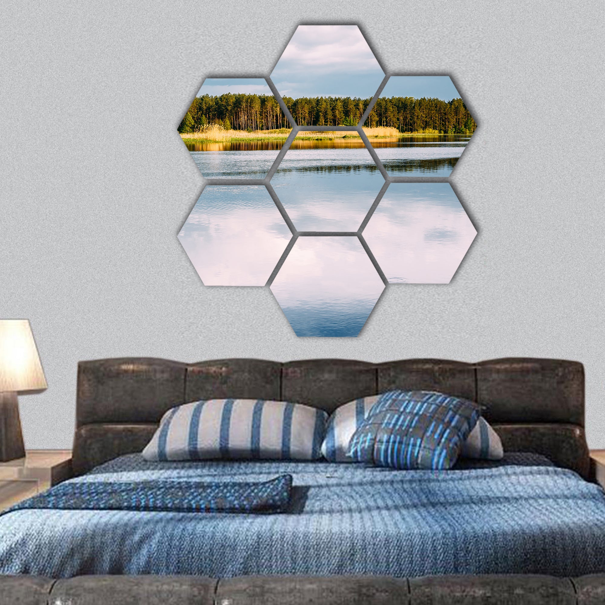River Landscape With Reflections Of Clouds In Water hexagonal canvas wall art